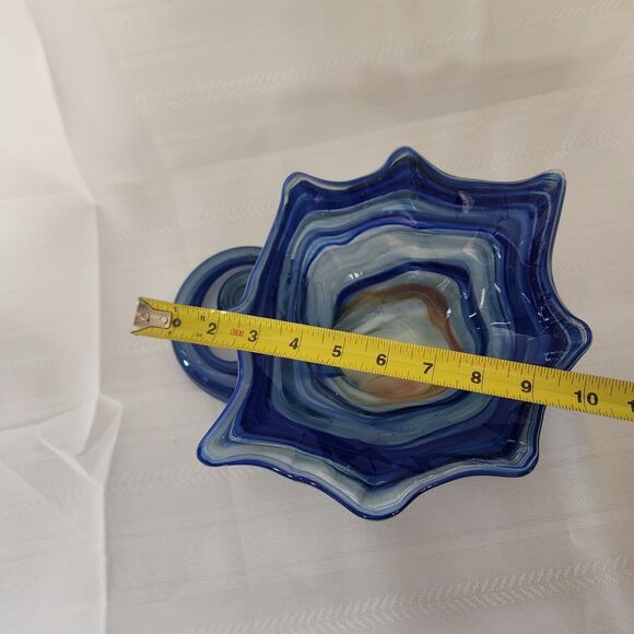 Sooner Bubble Art Glass Blue Free Form Cornucopia Candy Dish Hand Blown USA - Picture 12 of 14